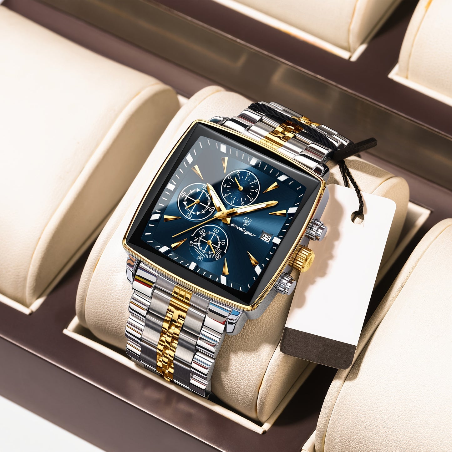 POEDAGAR Men's Stainless Steel Luminous Watch - Blue Dial Chronograph, High Quality Quartz Movement with Date Calendar, Golden-Tone Accents for Business Casual & Casual Attire, Formal Accessory, Stylish Accessory, Refined Cra