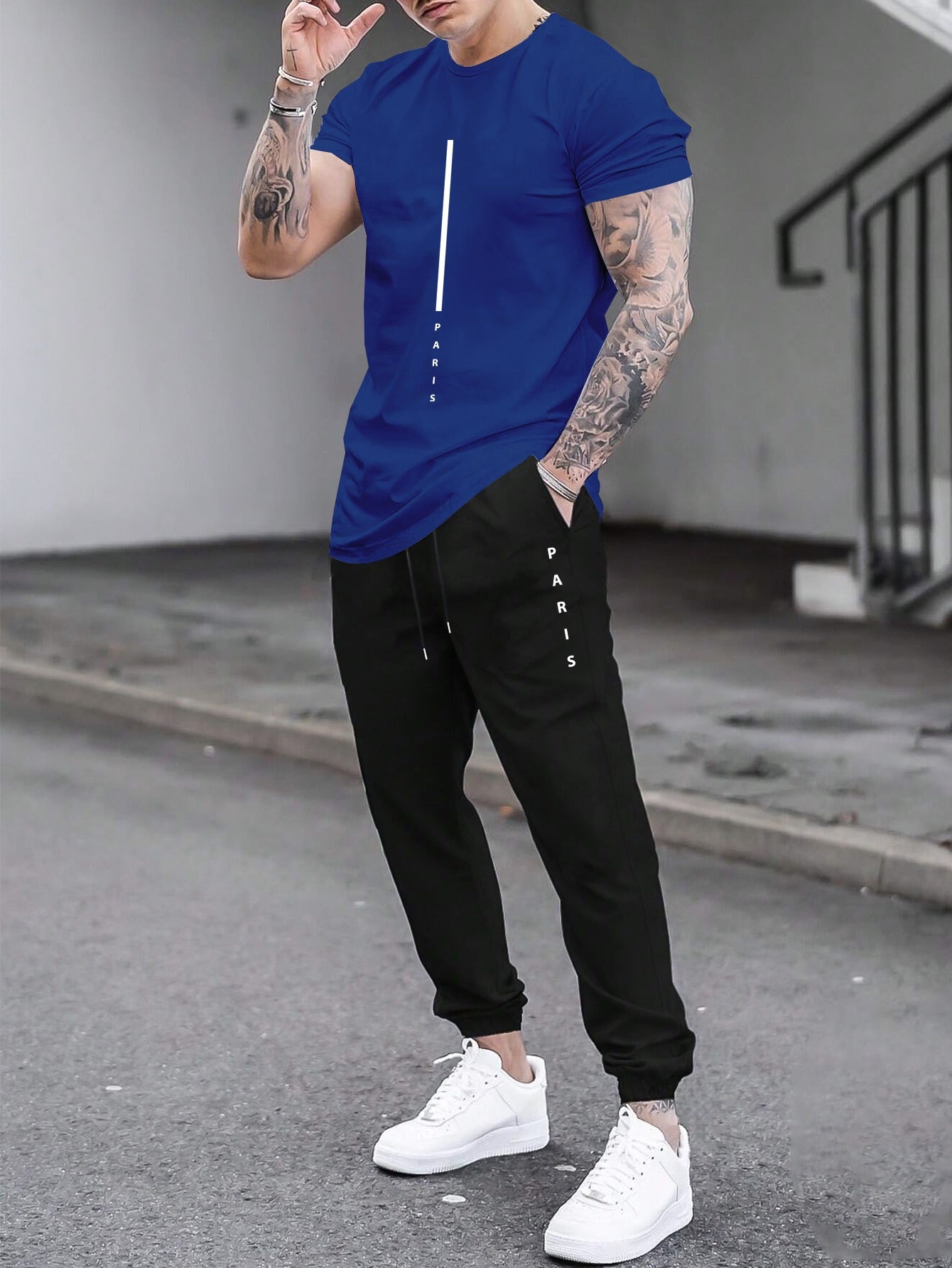 1set Men'S Casual Sportswear Set, Geometric Pattern Short Sleeve T-Shirt and Drawstring Joggers, Knitted Polyester and Elastane Blend, Round Neck, Regular Fit, Four Seasons Outfit