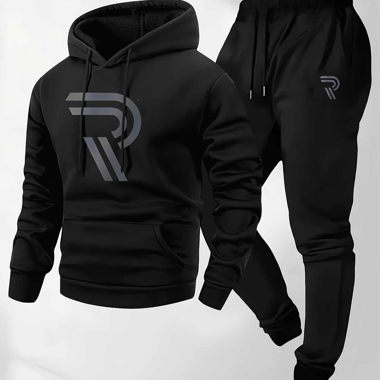 Men'S Sporty Two-Piece Hoodie and Pants Set - Gray with Black Logo, Non-Stretch Fabric, Regular Fit, Pockets, Ideal for Fall/Winter, Casual Wear|Hooded Sweatshirt|Pocketed Pants, Sweater Hoodie