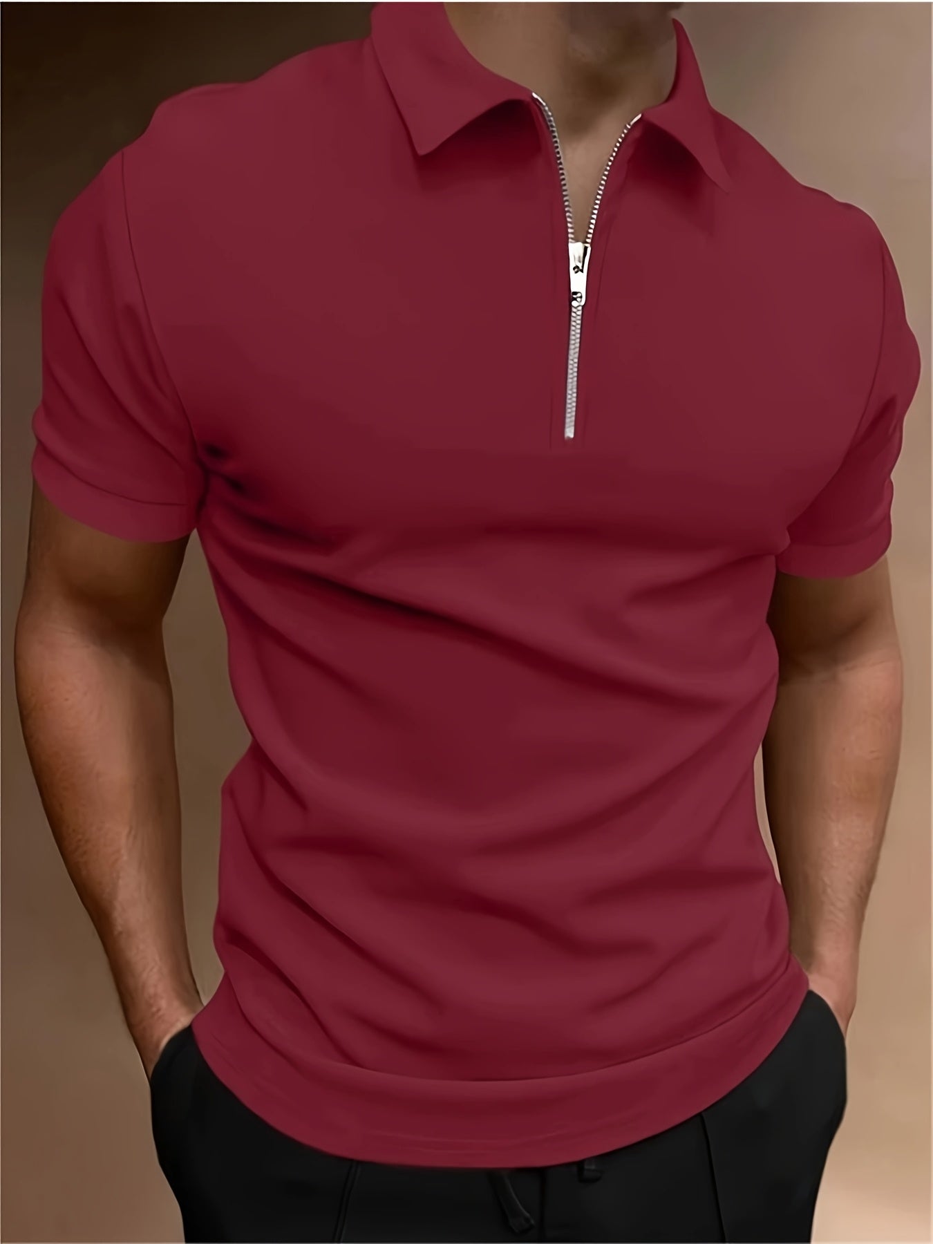Casual Stretch Men's Solid Color Zipper Lapel Golf Shirt, Male Summer Streetwear