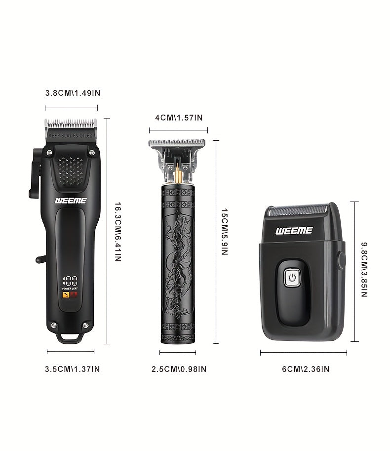 WEEME 3pcs Men's Grooming Kit: Black USB Rechargeable Electric Clipper + T-Blade Trimmer + Shaver Combo, featuring an LCD display and anti-slip textured design for precise haircuts, beard trimming, and sideburns styling—per
