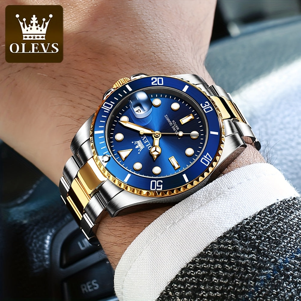 OLEVS Men'S Luxury Quartz Watch - Green Dial, Stainless Steel Band, Luminous Pointer Display, Quartz Movement, Electronic Drive, Zinc Alloy Case, Ideal for Business Casual Wea