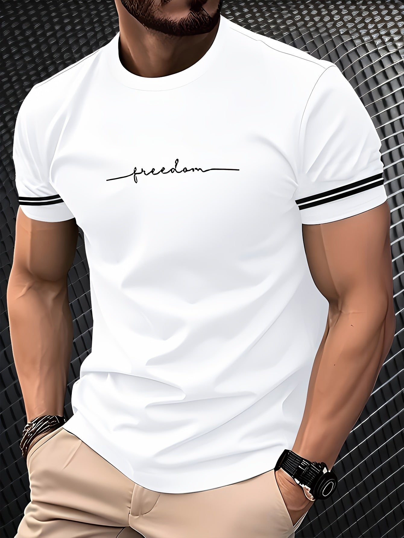 Men'S "Freedom" Graphic T-Shirt - Black Casual Crew Neck Tee with White Stripes, Breathable Polyester Blend, Regular Fit for Casual Attire, Everyday Tshirt | Bold Print Tee | Comfortable Fit, Knit