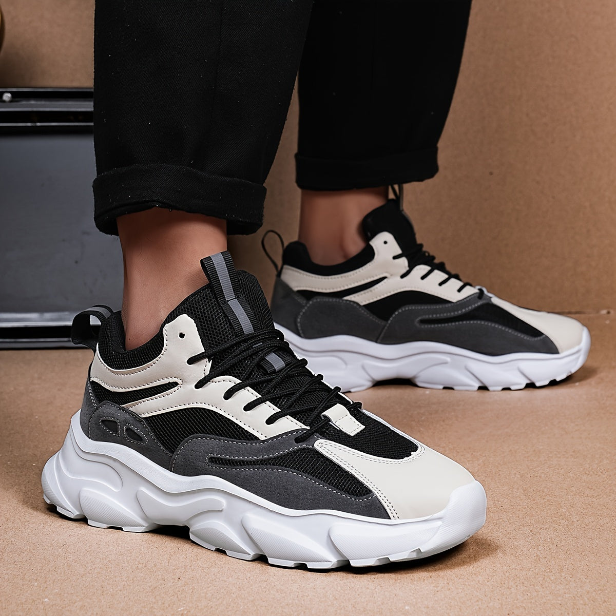 Men's Comfortable Breathable Fashion Sneakers - Stylish Two-Tone Casual Sneakers, Durable Non-Slip EVA Sole, Lace-Up, Low-Top for Everyday & Streetwear
