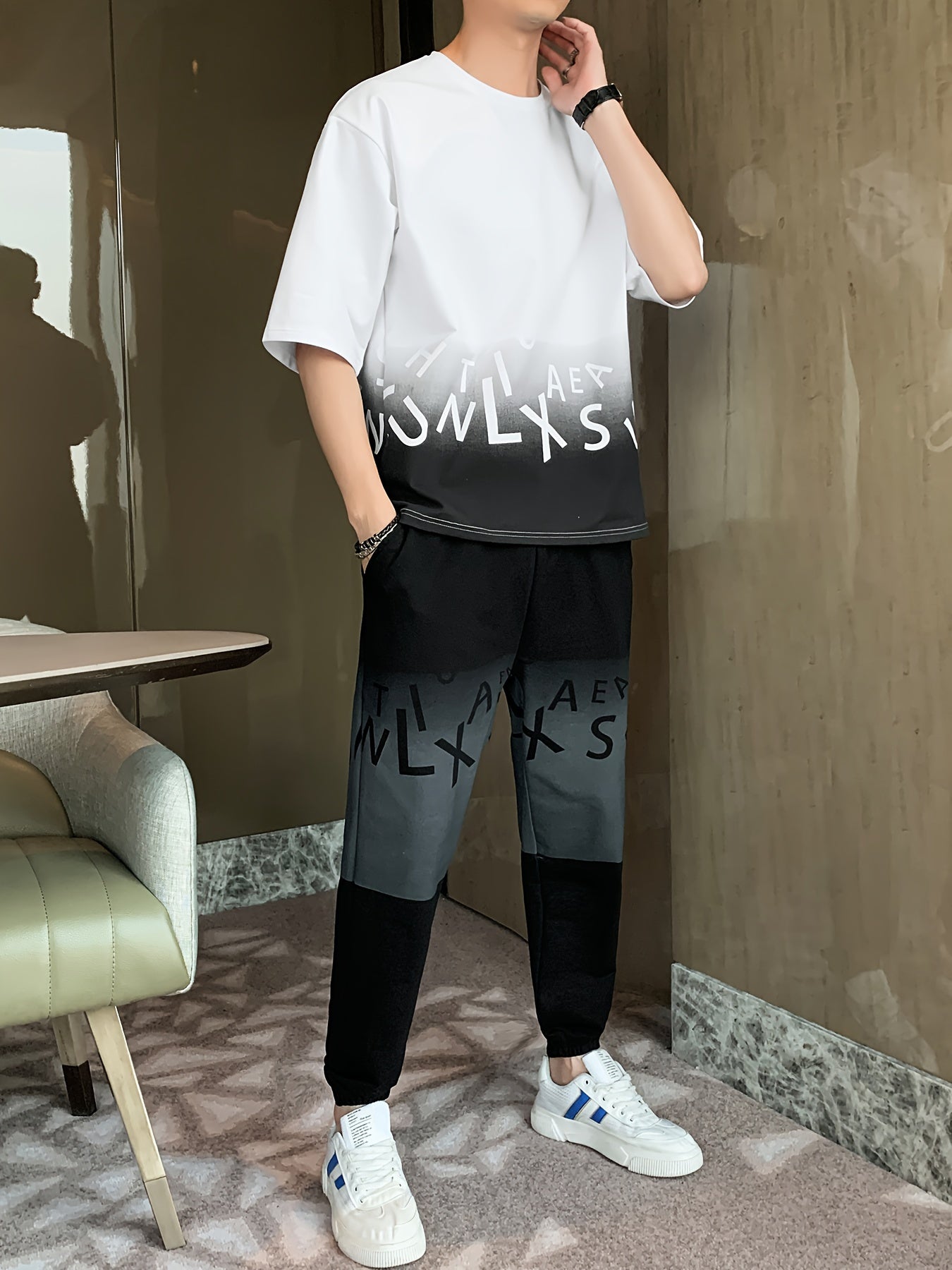 Men's Summer Casual Cotton Blend Outfit Set - Gradient Color Short Sleeve T-Shirt & Stylish Drawstring Shorts, Machine Washable