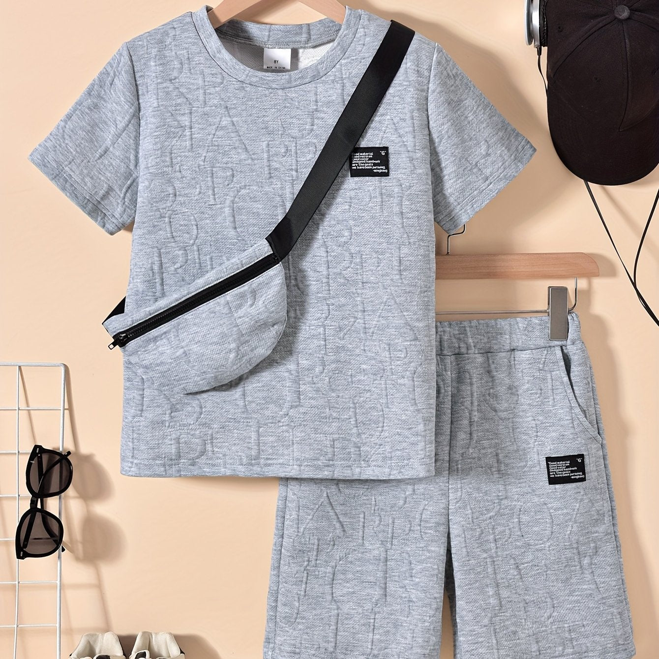 Boys' Stylish White Short Sleeve T-Shirt + Casual Shorts + Fashion Crossbody Bag Set, Perfect for Outdoor