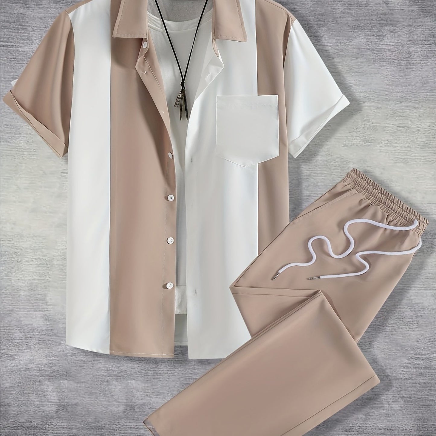 Men'S Casual Two-Piece Spring/Summer Color Block Short Sleeve Shirt and Pants Set - Polyester, Regular Fit, Button-Up with Pocket, No Belt, All-Season Wear, Casual Attire|Casual Style|Polyester Fabric