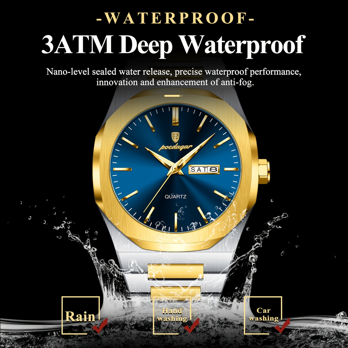 POEDAGAR Men'S Luxury Quartz Watch - Waterproof, Luminous Calendar, Stainless Steel Band, Business Style, Blue & Golden Accents, 3ATM, Non-Rechargeable Button Battery, Perfect for Spring Festival & Valentine'S Day Gifts