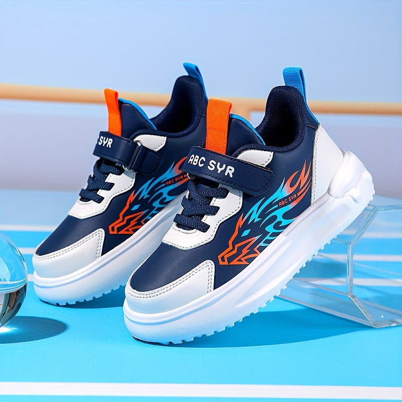 Boys' Athletic Sneakers for Fall/Winter 2024 - Stylish Flame Design, Durable & Comfortable with Hook-and-loop Fastener Strap, Low-Top, PU Upper, EVA Sole, Perfect for Running & School Activities