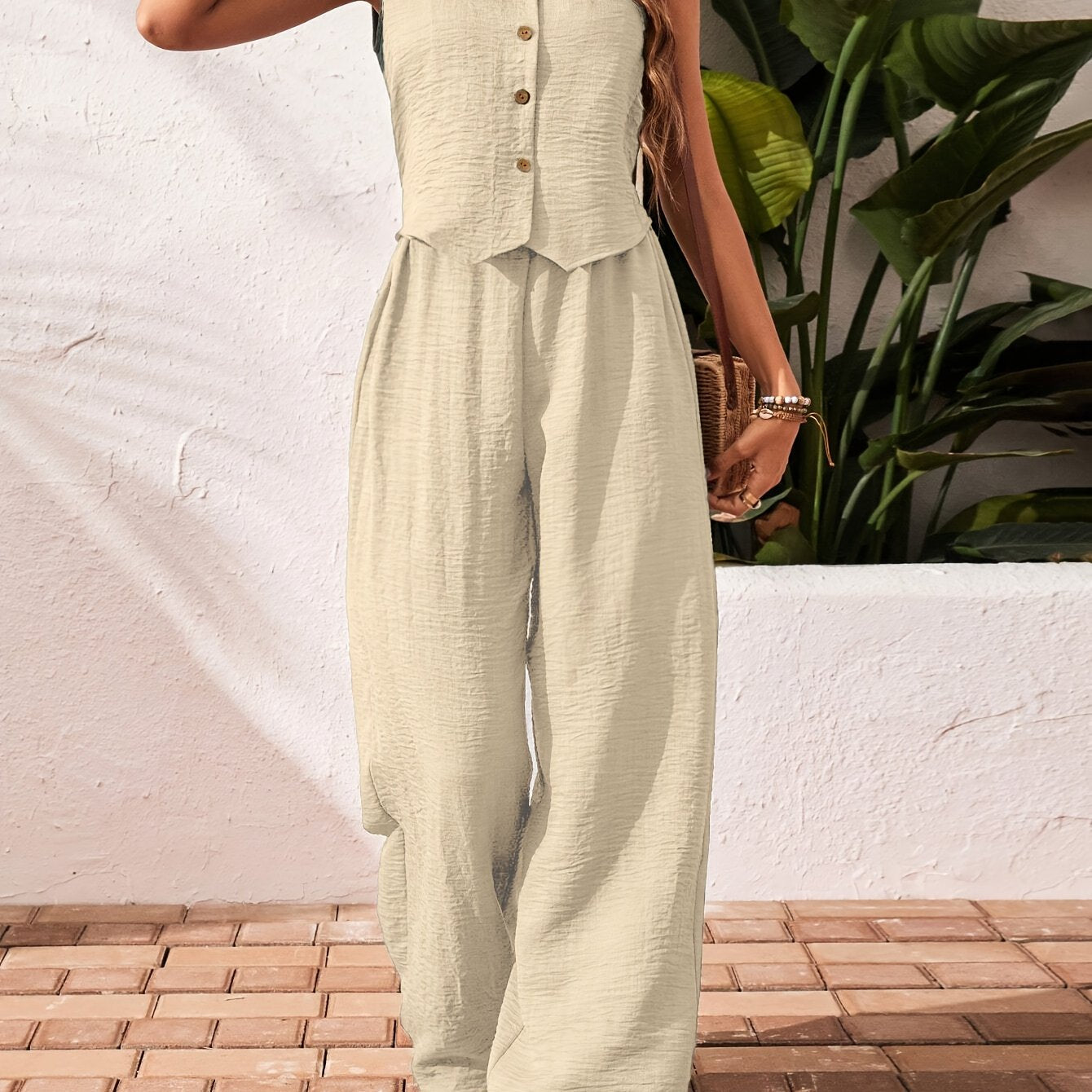 Women's Solid Color Front Buckle Sleeveless Shirt and Trousers Casual Suit Spring/Autumn Women's Fashion Elegant Unique Two-Piece Set