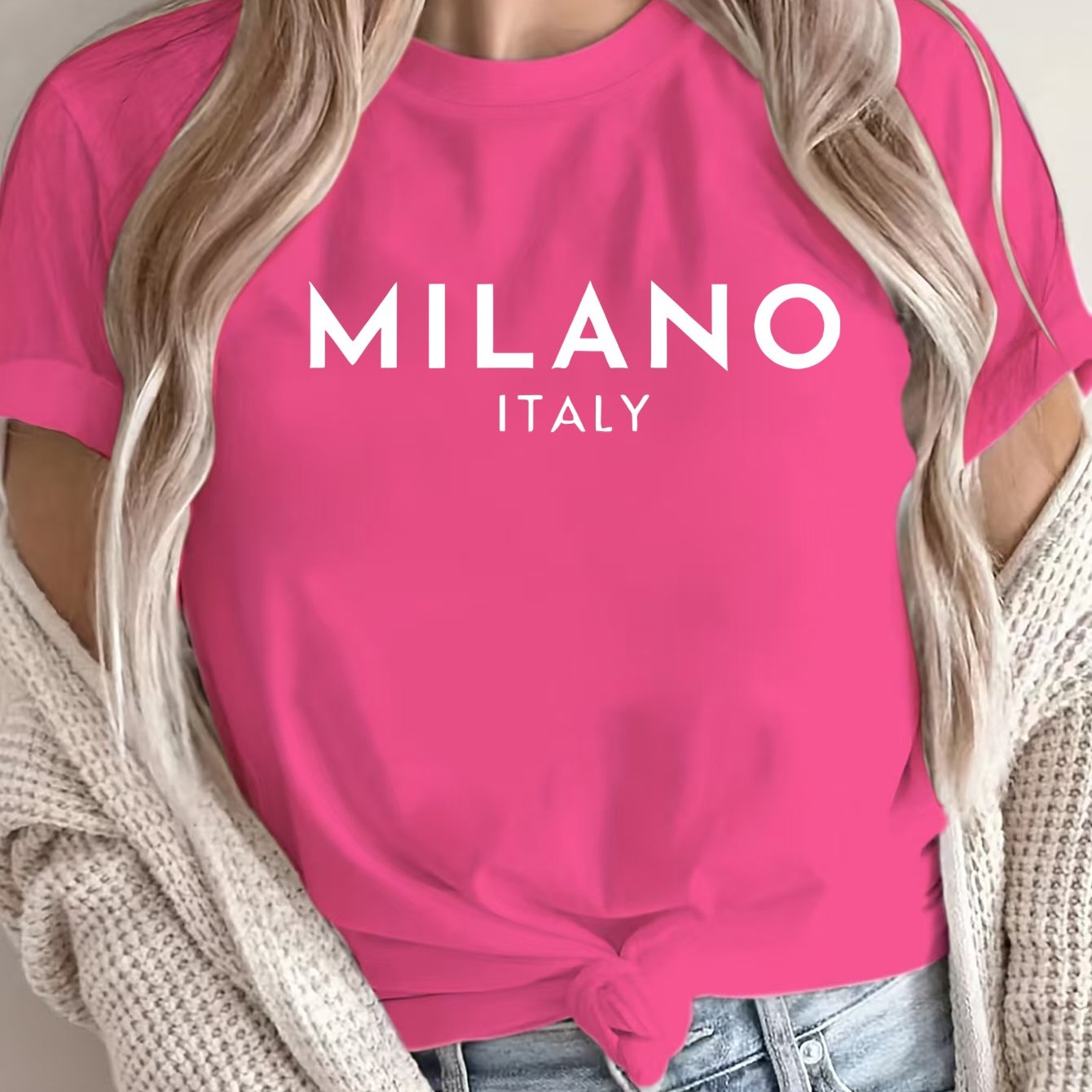 Women'S Casual Polyester T-Shirt with "Milano Italy" Letter Print, Short Sleeve Crew Neck Top, All-Season Knit Fabric Tee, Regular Length - 180gsm