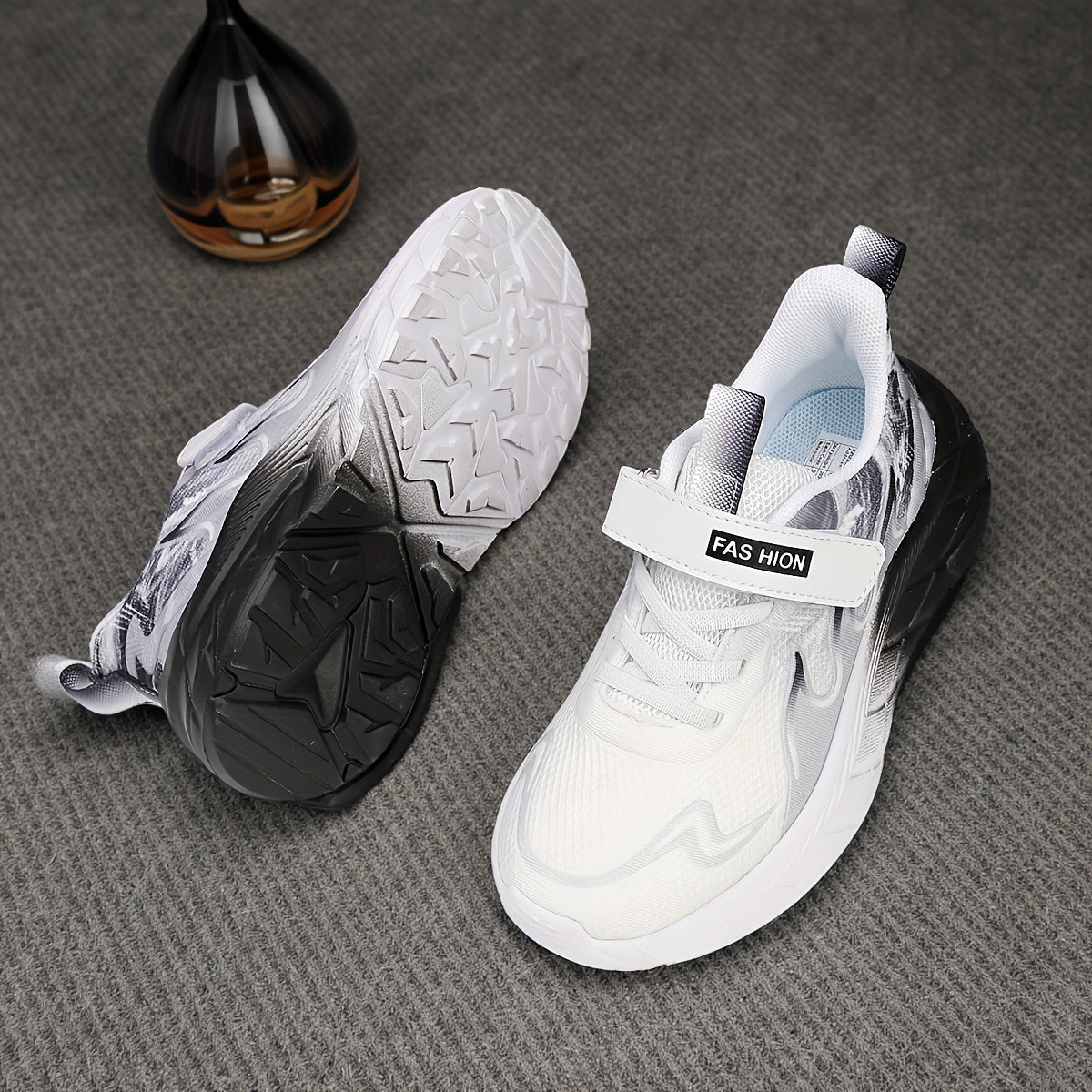 Youngsters' Low-Top Breathable Mesh Running Shoes with EVA Sole - Lightweight Comfortable Casual Outdoor Sneakers, White with Black Accents & Hook-and-Loop Closure for Boys and Girls, Kid Shoes, Youngsters Sports Footwear, St