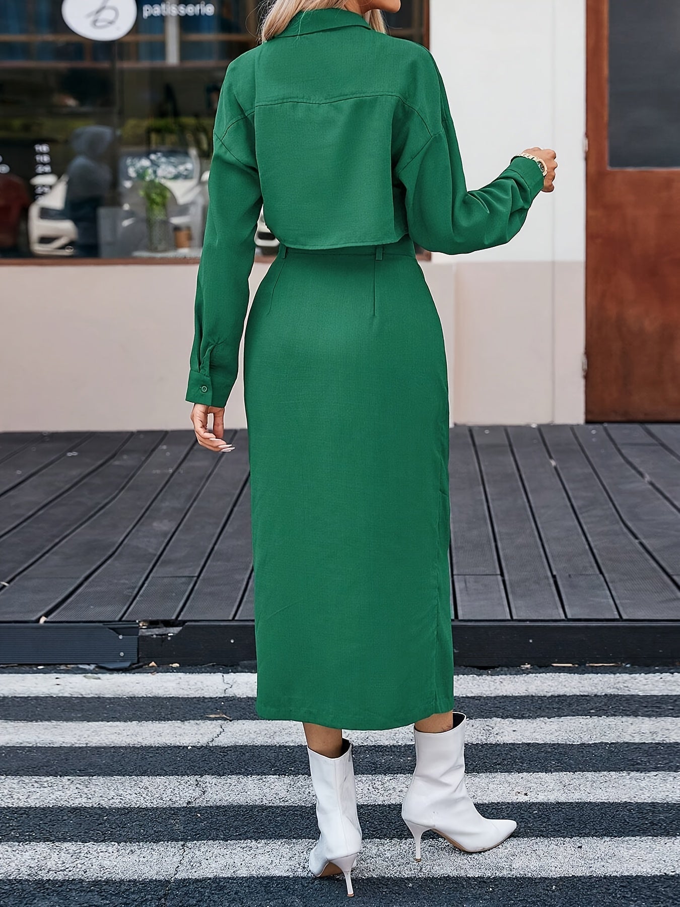 Solid Color Button Elegant Set, Crop Long Sleeve Shirt & Split Hem Midi Skirt, Women's Clothing