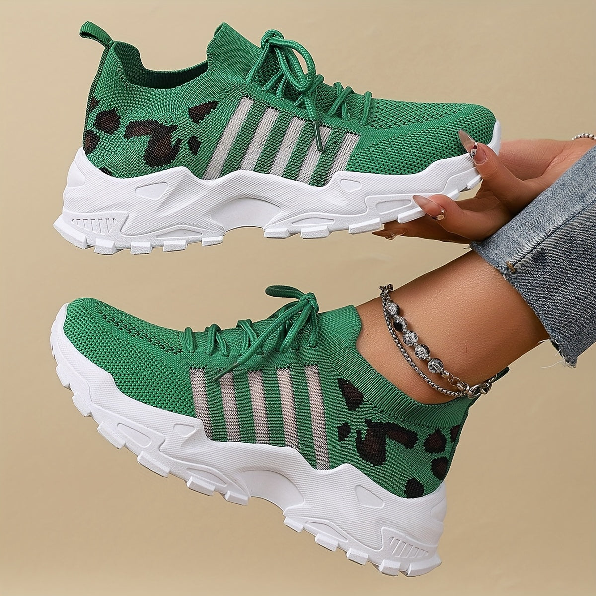 Women's Fashion Leopard Print Lace-Up Sneakers, Breathable Mesh Walking Shoes for Spring/Summer, Lightweight Comfortable Casual Sports Control Footwear with PVC Sole and Microfiber Insole