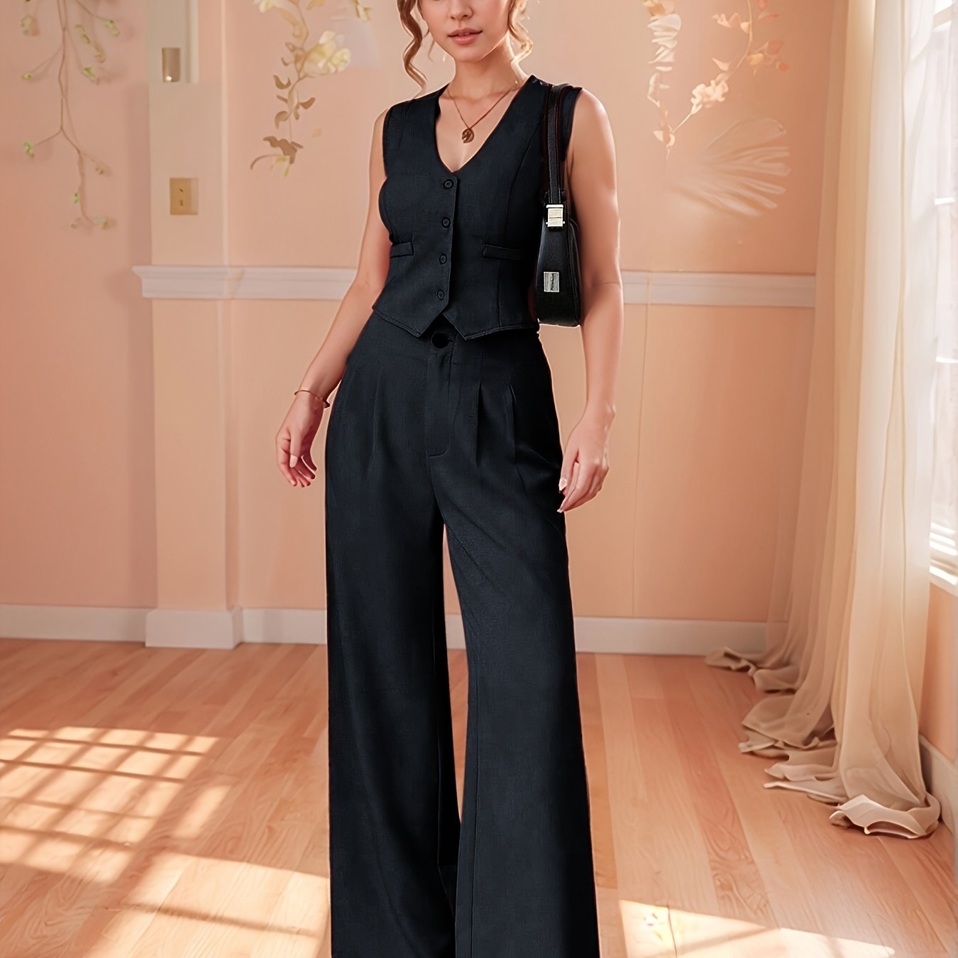 Design-Savvy Red Mini-Chic Sleeveless Suit Vest and Wide-Leg Pants Two-Piece Set
