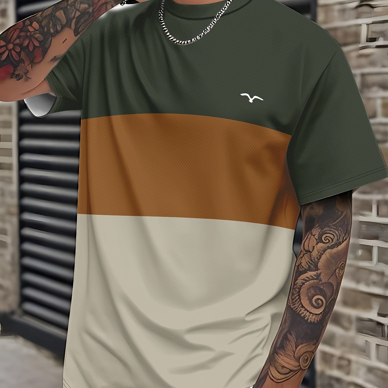 Men's Modern Fit T-Shirt - Dark Green to Beige/Ochre Color Transition, Machine Washable Casual Everyday Shirt for Parties & Outings - Non-Transparent Fabric, Horizontal Stripe Design, Comfortable Fit Tee, Outing Attire, Trend