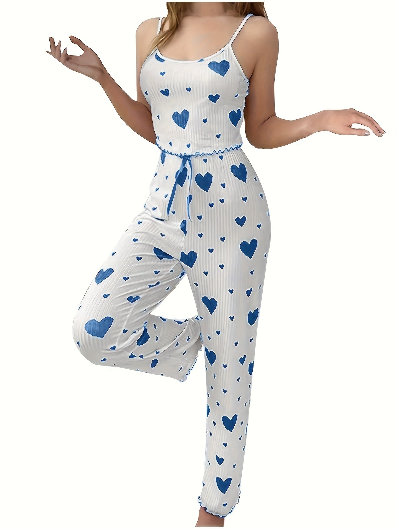 2024 Autumn Women'S Sexy Heart Print Spaghetti Strap Pajama Set - Sleeveless Striped Lounge Wear with Ribbed Detail, Perfect for Fall and Spring, Casual Attire|Heart Print Top|Strapless Desig