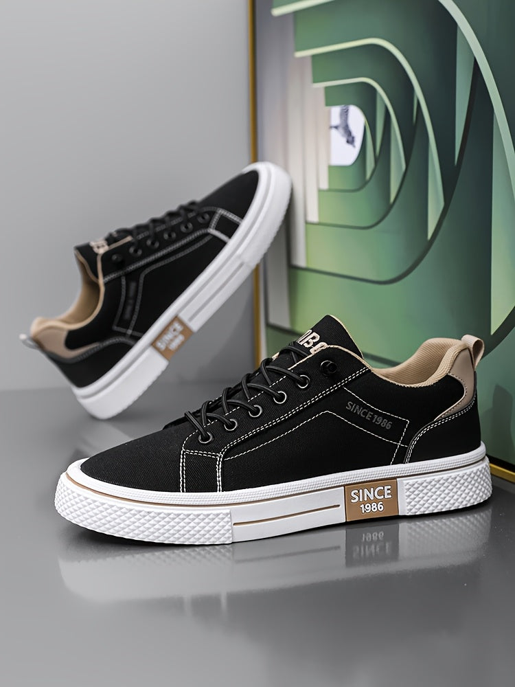 Men's Casual Low-Top Sneakers - Breathable Fabric & Durable PVC Sole, Black & Beige Contrast Design, Lace-Up Round Toe for All-Season Comfort, Versatile for Casual & Semi-Formal Wear, Comfortable Footwear, Fabric Upper