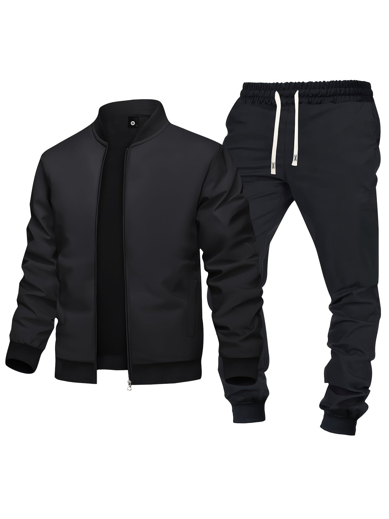 Men's Spring/Fall Casual Zip-Up Jacket & Drawstring Sweatpants Set in Olive Green & Black - Durable Polyester, Machine Washable, with Pockets for Everyday Style