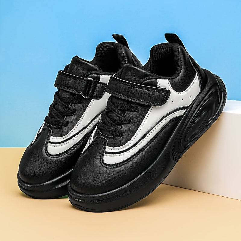 Youngsters' Stylish Athletic Footwear - Comfortable Non-Slip Soft Sole Walking Shoes for Boys & Girls, All-Season, Black & White with Hook and Loop Closure