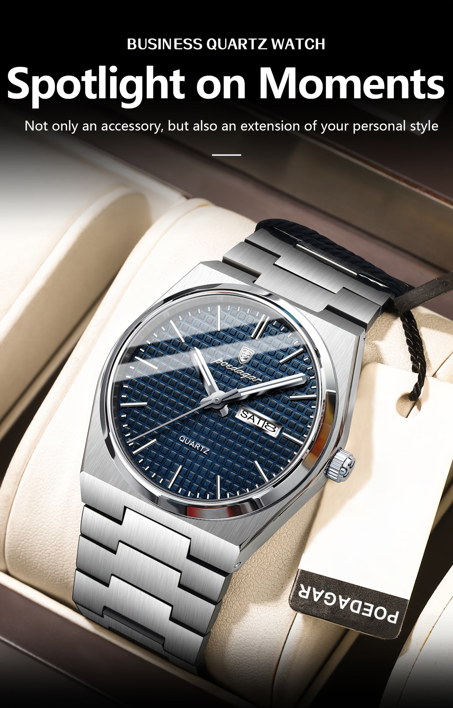 POEDAGAR Elegant Women'S Quartz Watch, Luminous Calendar, Stainless Steel Band, Round Alloy Case, Fashionable Night-Glowing Dial with Blue & Orange Accents