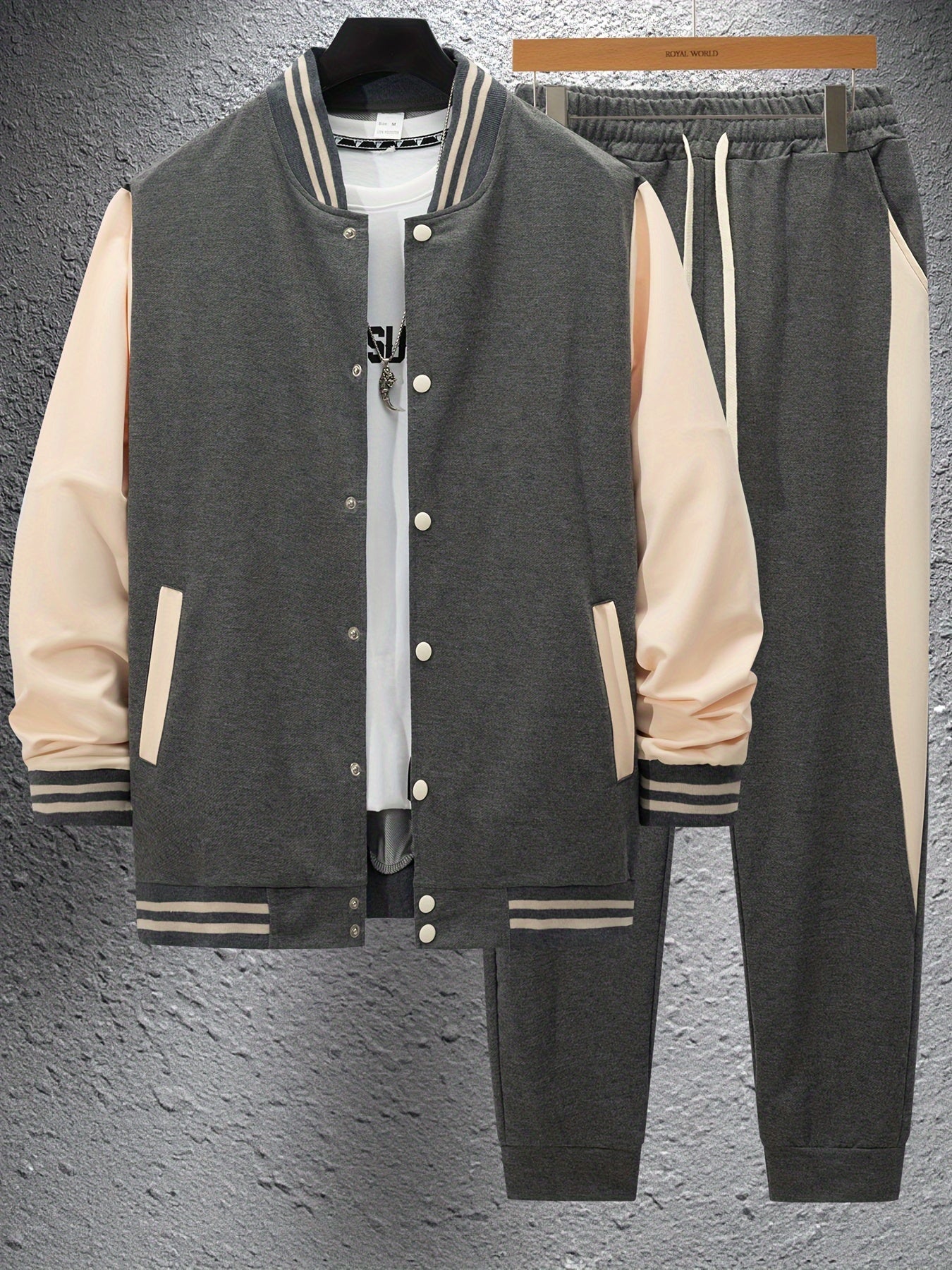 Men's Casual Baseball Jacket & Pants Set - Color Block, Polyester, Button-Up with Belt Detail for Spring/Fall