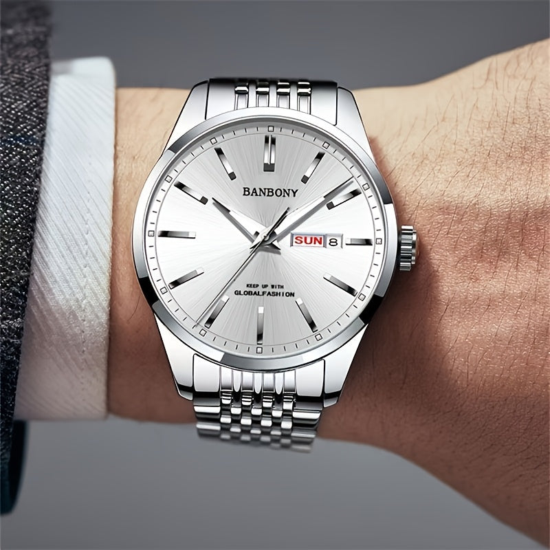 Banbony Men'S Stainless Steel Band Luminous Calendar Watch, IPX7 Waterproof, Quartz Movement, Round Zinc Alloy Case, Casual Fashion Style, with Pointer Display, Battery Powered, Non-rechargeable Button Battery, for B day