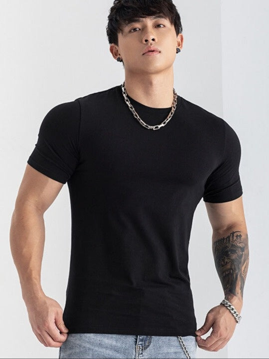 Men's Summer Athletic T-Shirt - Moisture-Wicking Stretch Fabric Slim Fit Round Neck Short Sleeve Tee for Gym, Running, Training - Solid Color Black, Gym Apparel | Machine Washable Top, Gym Shirts