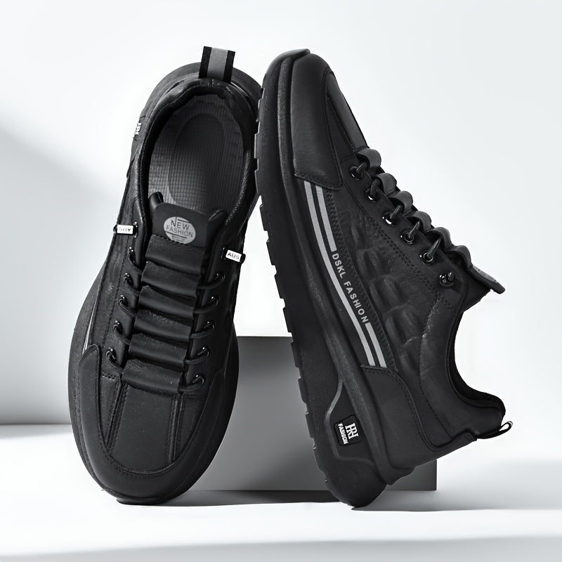 Men's Breathable Casual Sneakers - Comfortable, Versatile & Stylish Shoes for Running, Sports & Casual Attire, Black with White Accents, PU Upper & PVC Sole, Round Toe, Lace-Up Design, All-Season Use