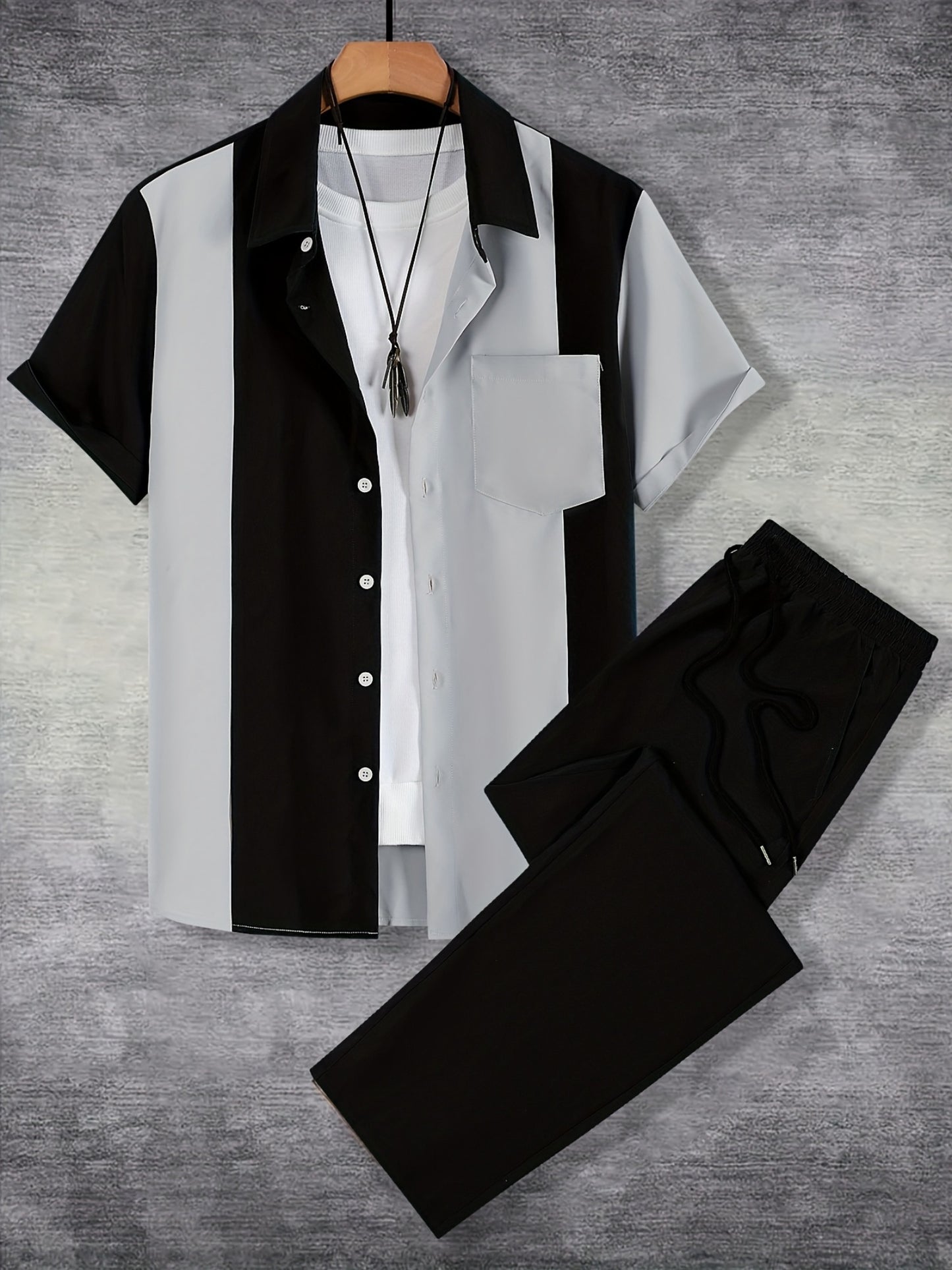 Men'S Casual Two-Piece Spring/Summer Color Block Short Sleeve Shirt and Pants Set - Polyester, Regular Fit, Button-Up with Pocket, No Belt, All-Season Wear, Casual Attire|Casual Style|Polyester Fabric