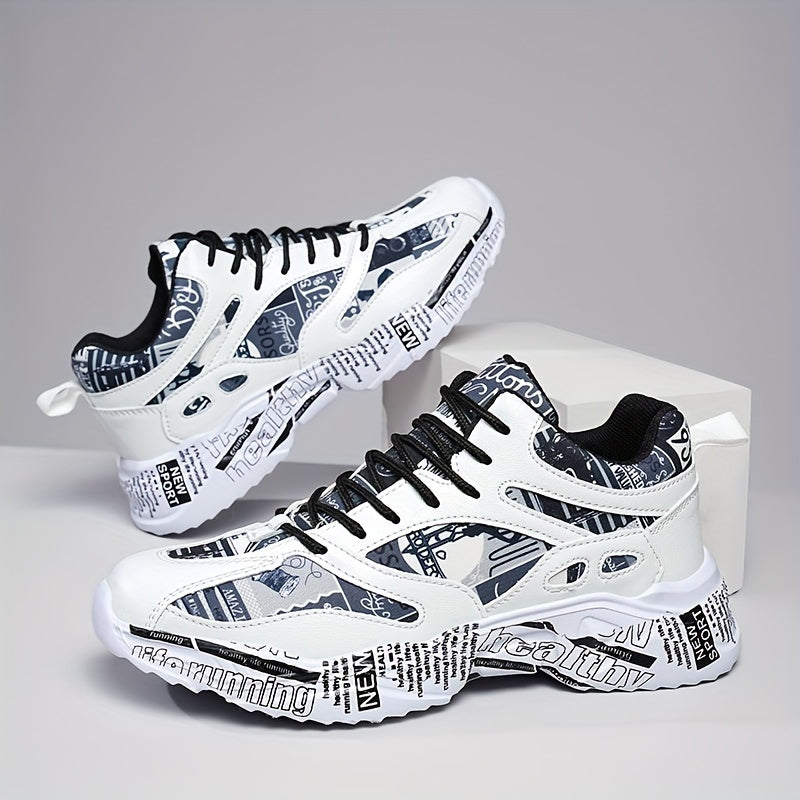 Men'S & Women'S Graffiti Couple Sneakers, All-Season Lightweight Cushioned Running Shoes, Stability Pronation, Cartoon Pattern, MD Sole, EVA Insole, Polyurethane Upper, Fabric Lining