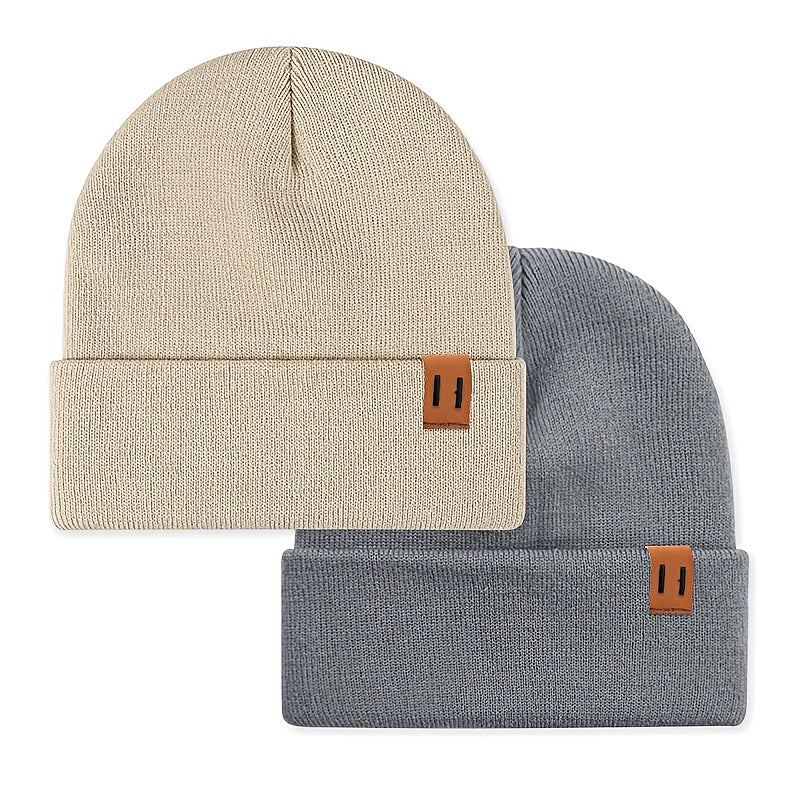 2pcs Fashion Faux Leather Label Knit Hat Set for Autumn and Winter, Outdoor Warm Ear Protection Knitted Cap Wholesale Lightweight Beanie