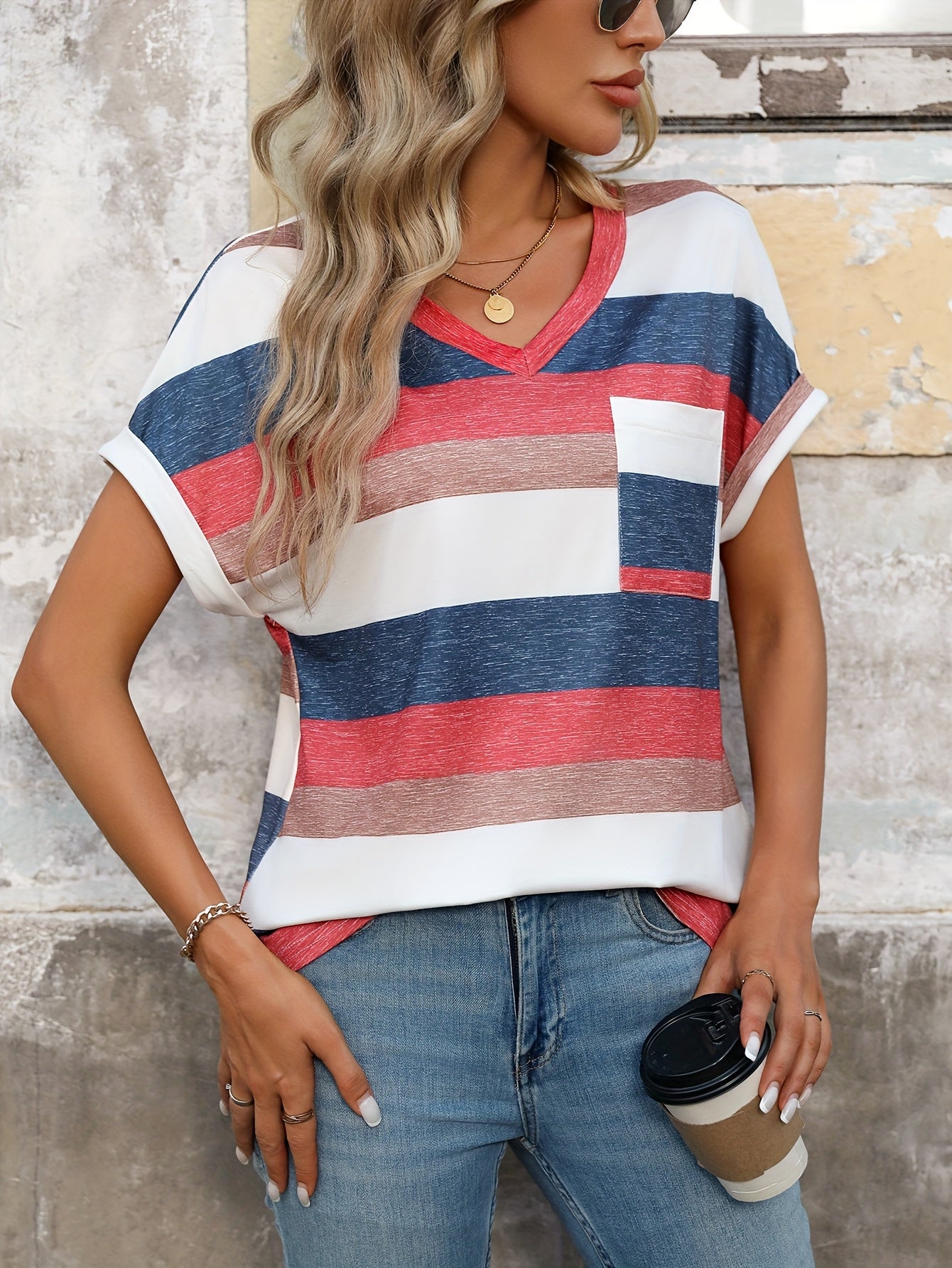 Women's Elegant Knit Striped Short Sleeve T-Shirt - Red & White Stripes on Navy Blue, 95% Polyester 5% Elastane Blend, Lightweight 180gsm Summer Casual Top, Machine Washable