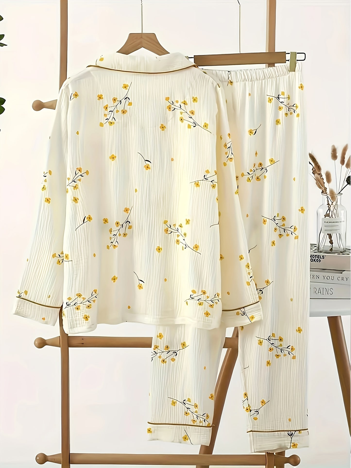 Sweet Floral Print Textured Pajama Set For Fall & Winter, Long Sleeve Button Up Lapel Collar Top & Elastic Pants, Women's Sleepwear & Loungewear