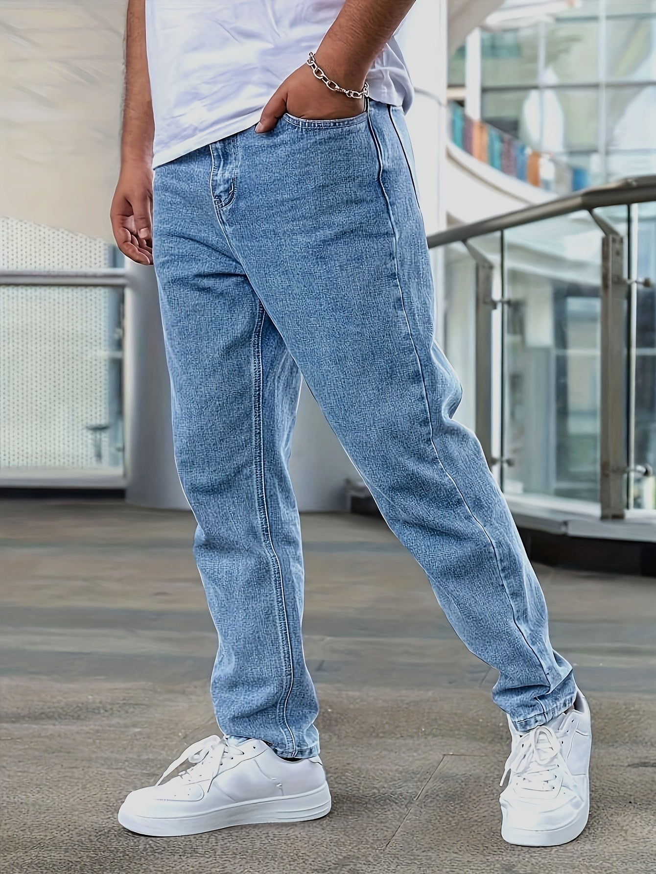 Men'S Loose-Fit Jeans, Cotton Blend Street Style Denim Pants, Non-Stretch Solid Color, Regular Length, with Multiple Pockets for All-Season Wear