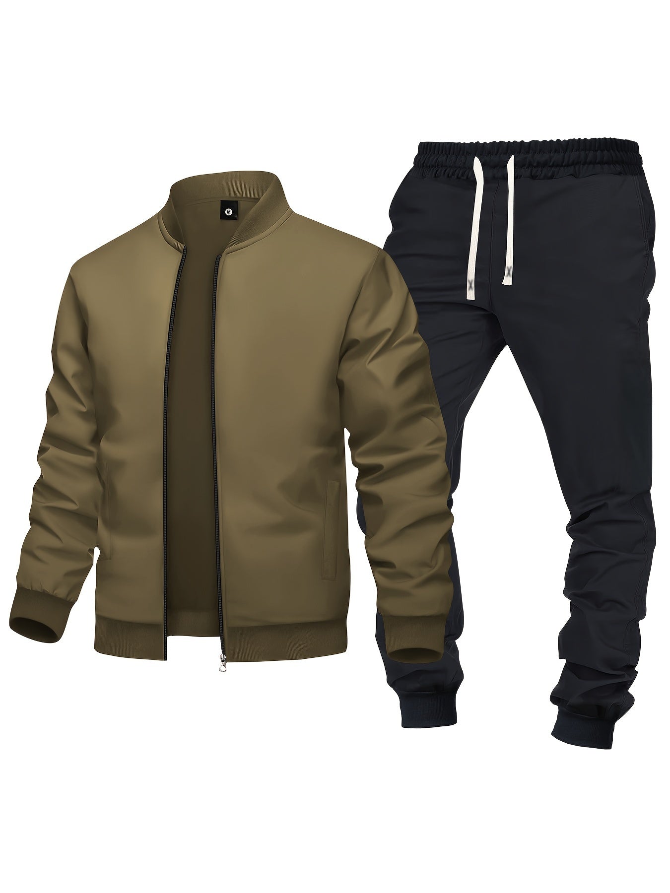 Men's Spring/Fall Casual Zip-Up Jacket & Drawstring Sweatpants Set in Olive Green & Black - Durable Polyester, Machine Washable, with Pockets for Everyday Style