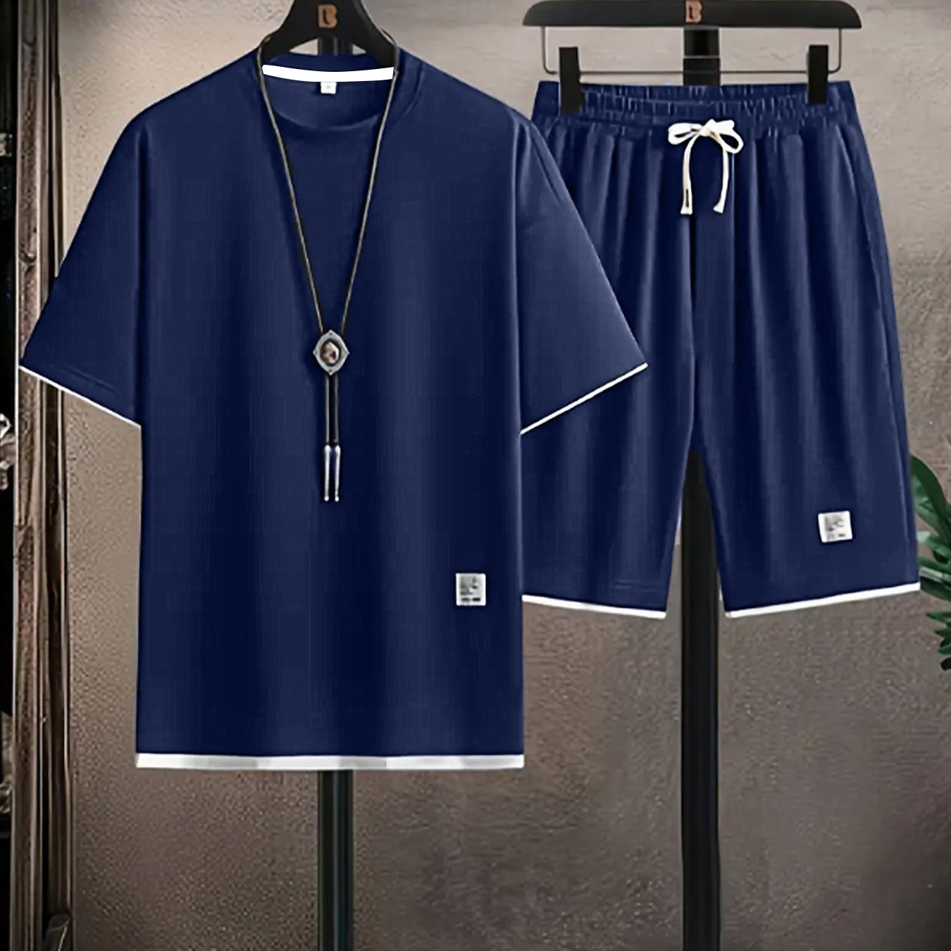 Waffle Grid Men's Trendy Round Neck T-shirt Breathable Casual Sports Suit Loose Two-Piece Set