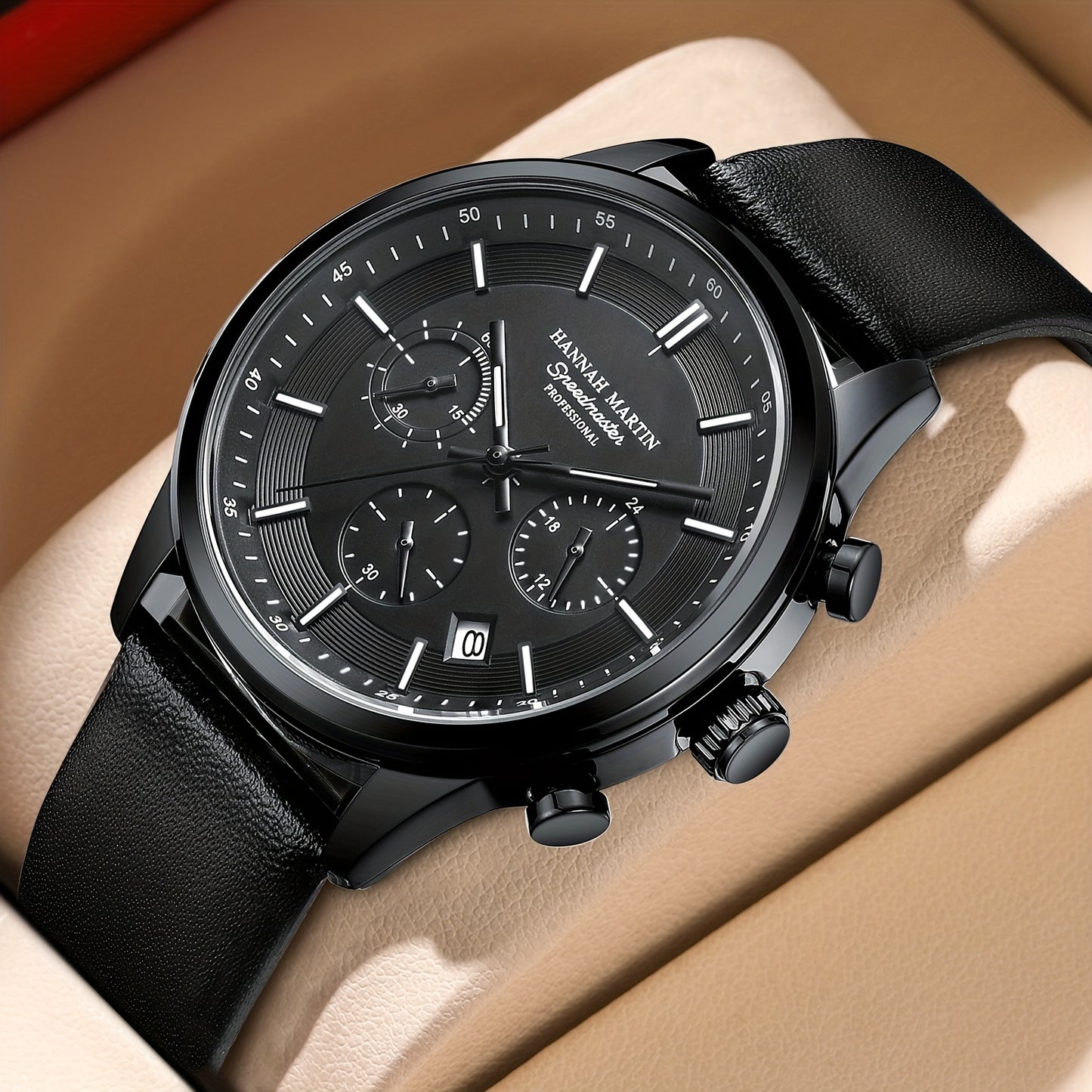 HANNAH MARTIN Men's 2025 Business Chronograph Watch - Black Arabic Numeral & Bar Markers, Date/Second Time Zone, Quartz Movement, Faux Leather Strap, High Quality 30m, Casual & Formal Watch for Casual Attire, Versatile Timepi