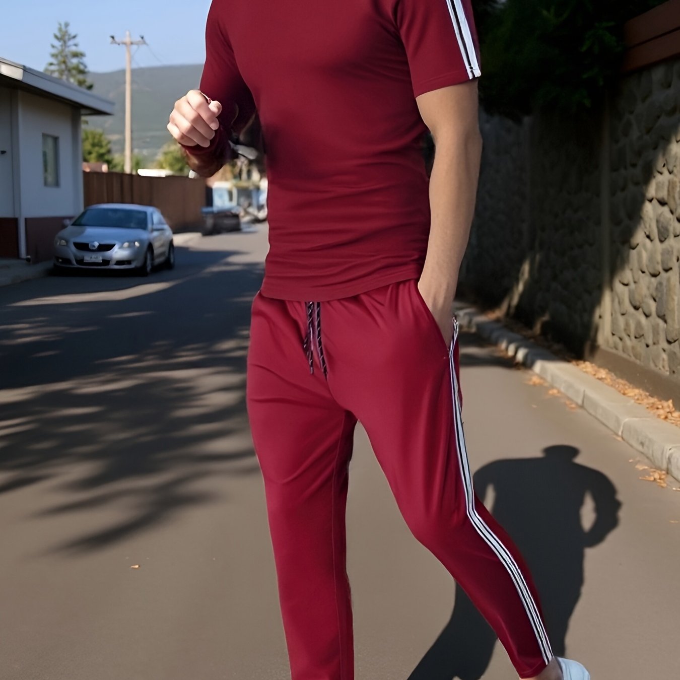Cross-Border New Summer 2pcs Short-Sleeved T-Shirt And Long Pants Casual Men'S Casual Outdoor Sports Suit, Side Stripe Casual And Fashionable Men'S 2pcs Set
