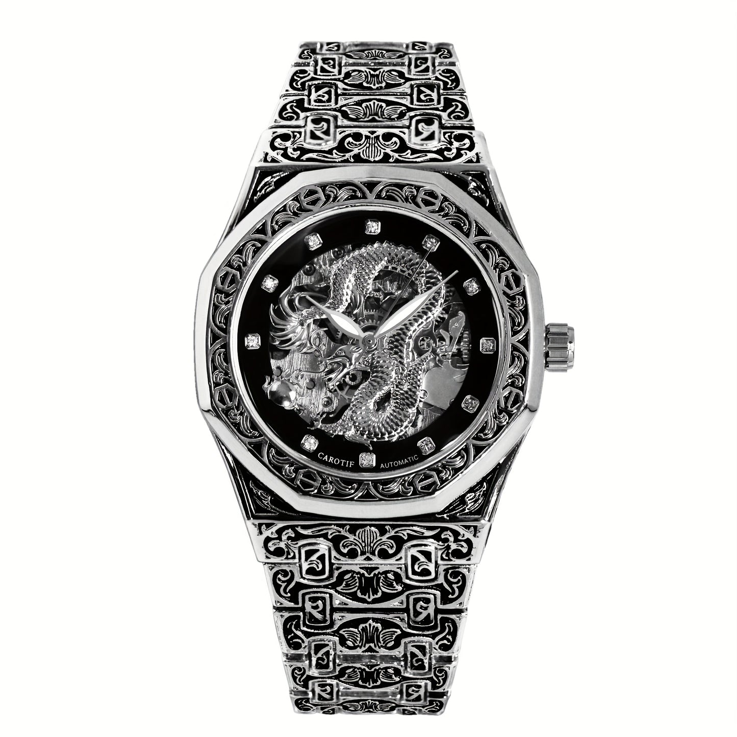 1pc Youth Men's Yellow Steel Strap Business Style Elegant Glow-in-the-Dark Carved Dragon Mechanical Watch