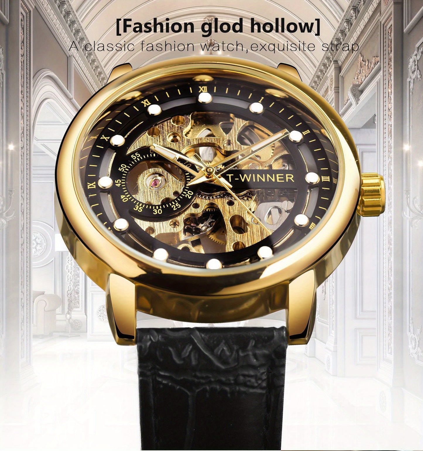 Men'S Luxury Mechanical Skeleton Watch with Golden-Tone Alloy Case & Faux Leather Strap - Mechanical Hand-Wind, World Time, Date Display, Elegant Fashion Accessory for Casual Attire, Mechanical Watch, Sophisticated Design, In