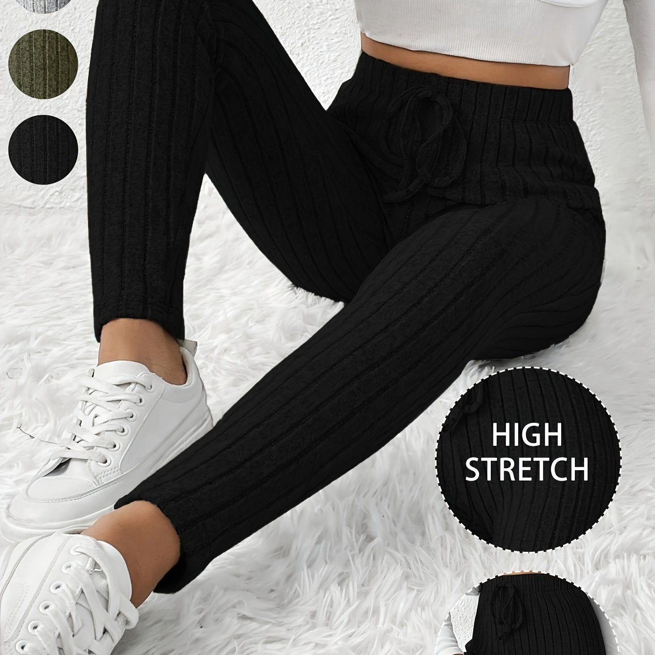 High-Waisted Drawstring Skinny Knitted Pants For Everyday Wear - Solid Color Women's Casual Clothing