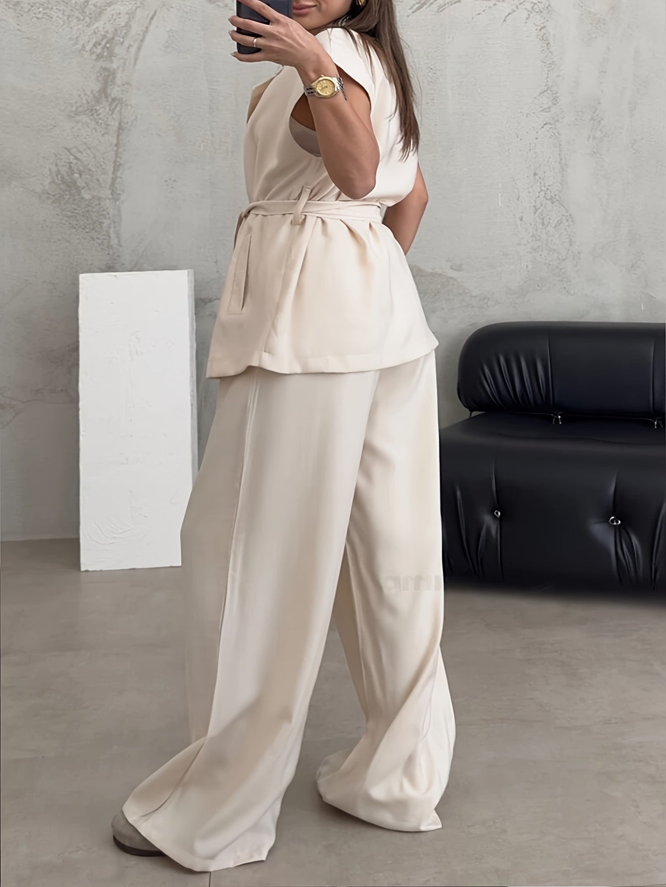 Women's Solid Color Casual Elegant Sleeveless Top and Wide-Leg Pants 2pcs Set