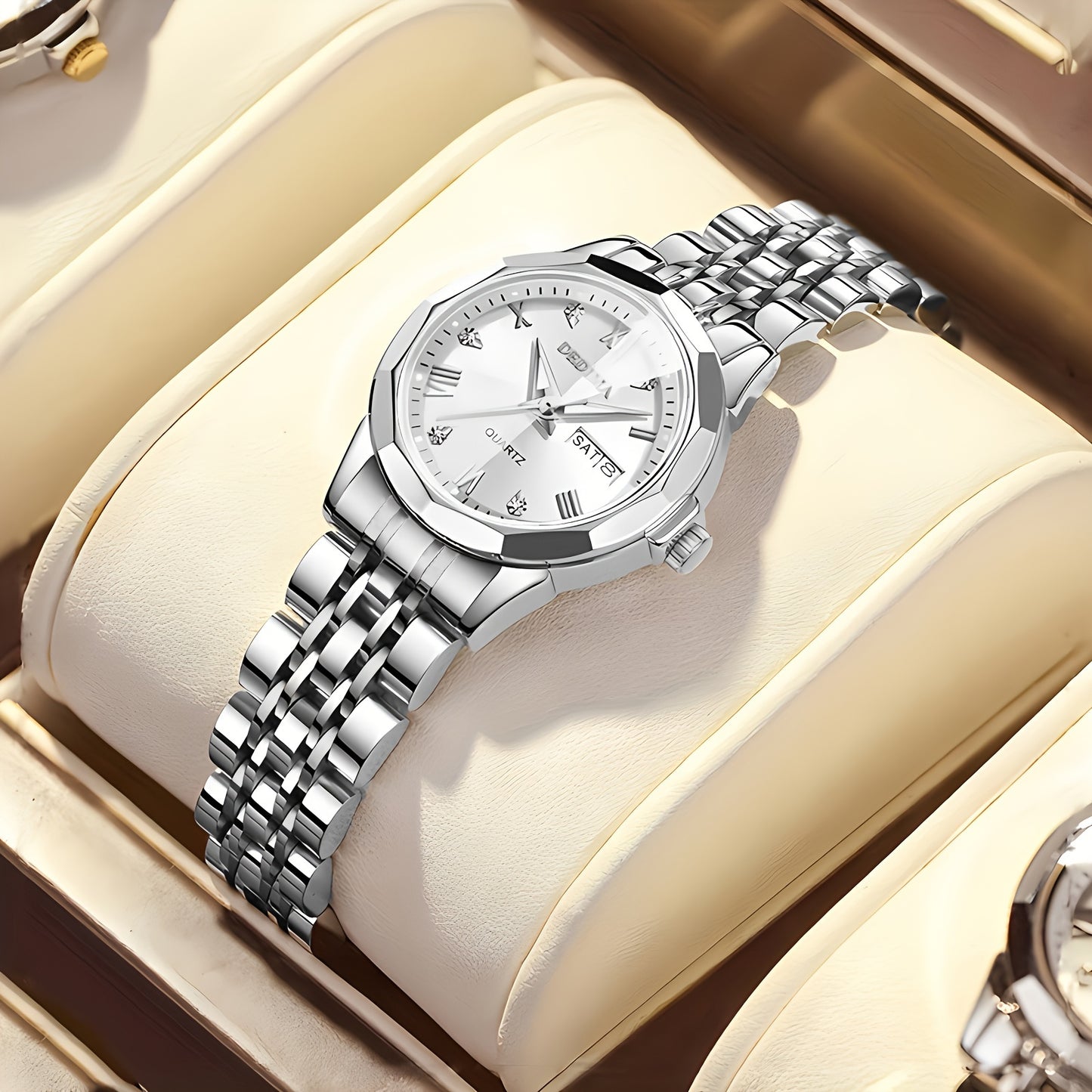 DEDIMA Women'S Luxury Stainless Steel Watch - Elegant Rhombus Design with Roman Numerals, Double Calendar, and Multifunctional Steel Strap