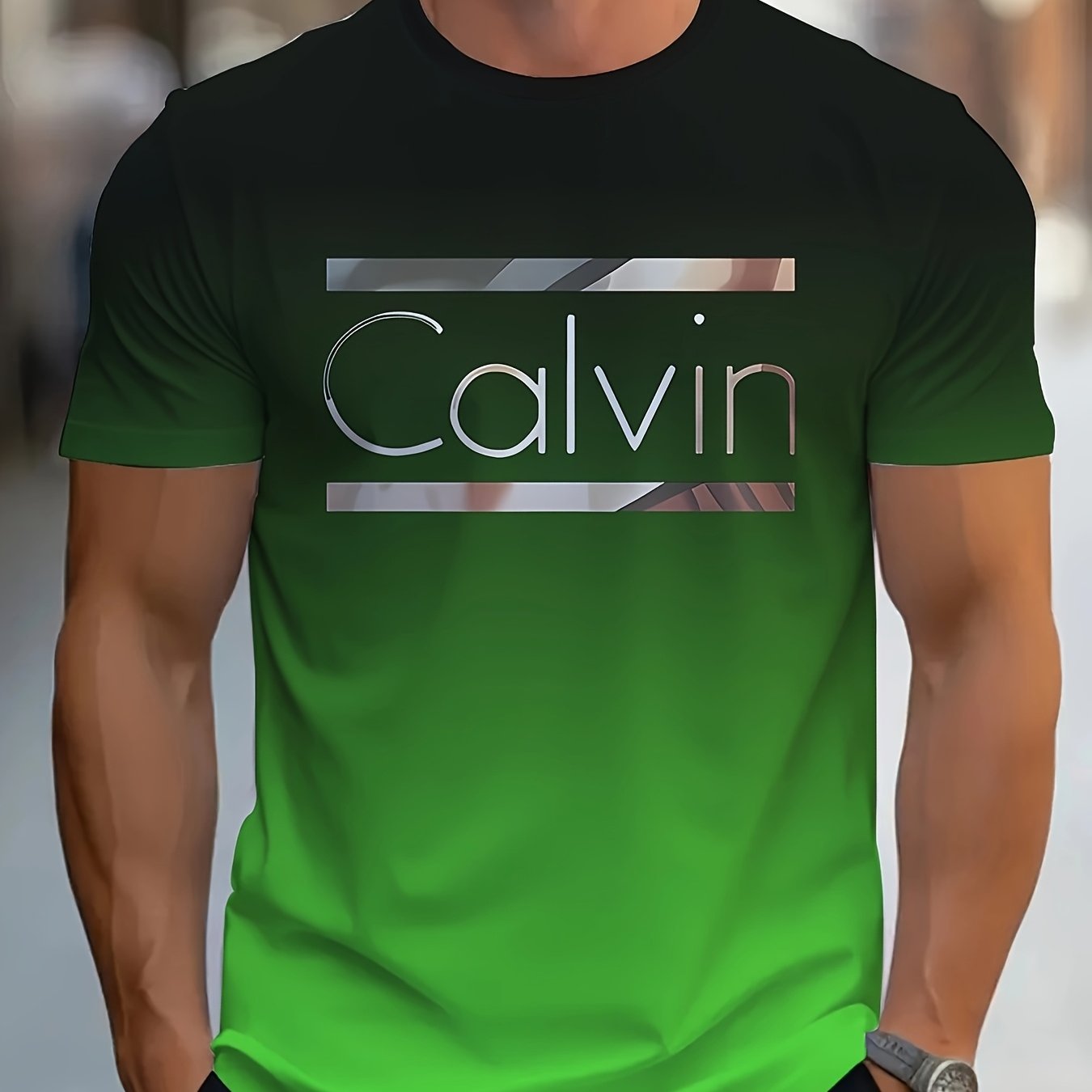 Men'S "Calvin" Graphic T-Shirt - Casual 3D Print Letter Tee with Geometric Design, Short Sleeve, Round Neck, Light Blue, Perfect for Summer, Everyday & Sportswear, Casual Wear Tee | Modern Casualwear | Comfortable Fit