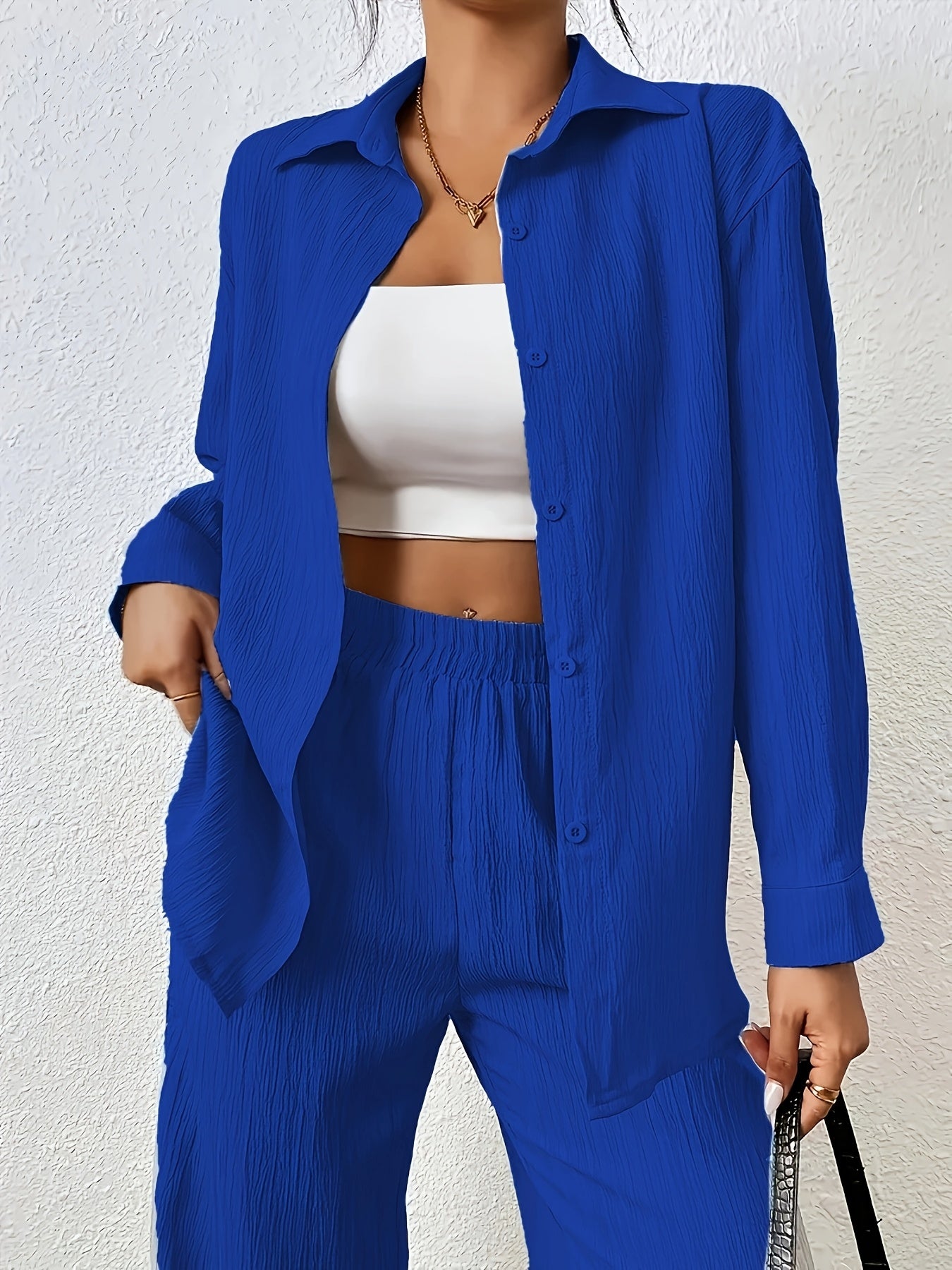 Women'S Casual Solid Color Long Sleeve Shirt + Long Pants 2pcs Set for Spring And Autumn.