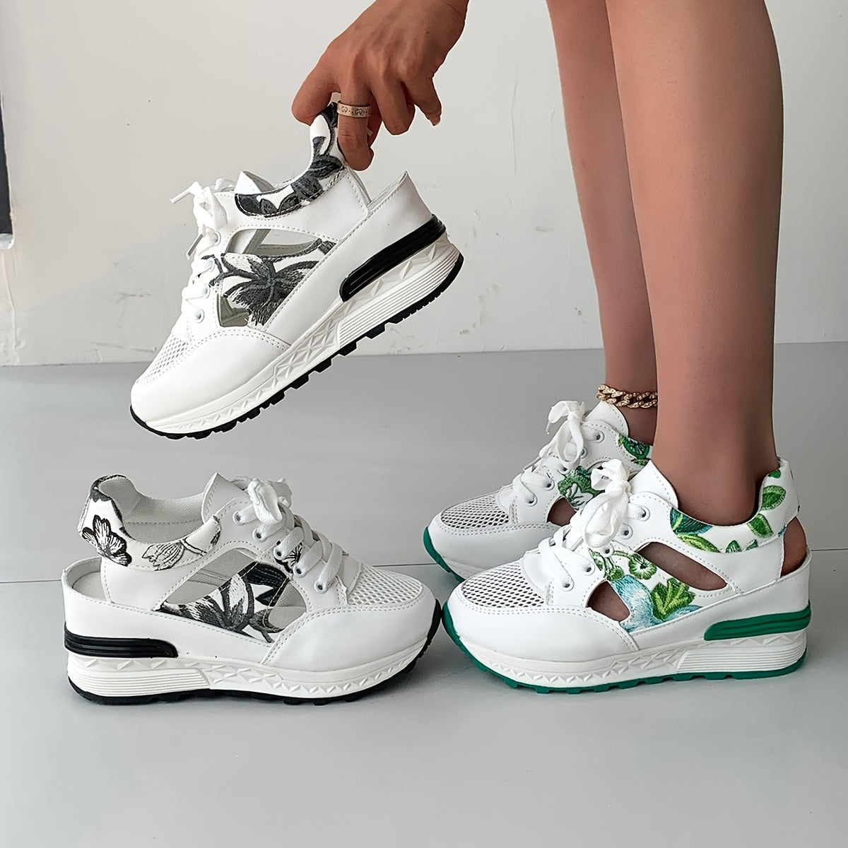 Women's New Fashion Leaf Floral Versatile Casual Lightweight Breathable Mesh Outdoor Sports Sandals with Thick Soft Sole for Height Boost
