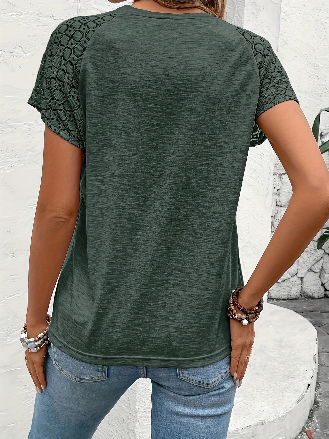 Women's Elegant Solid Color Lace Sleeve T-Shirt - Summer Casual Chic Blouse with Breathable Fabric, Machine Washable, Versatile for Casual & Formal Outfits, Cropped Tee Style | Soft Texture Top, Ladies T Shirts