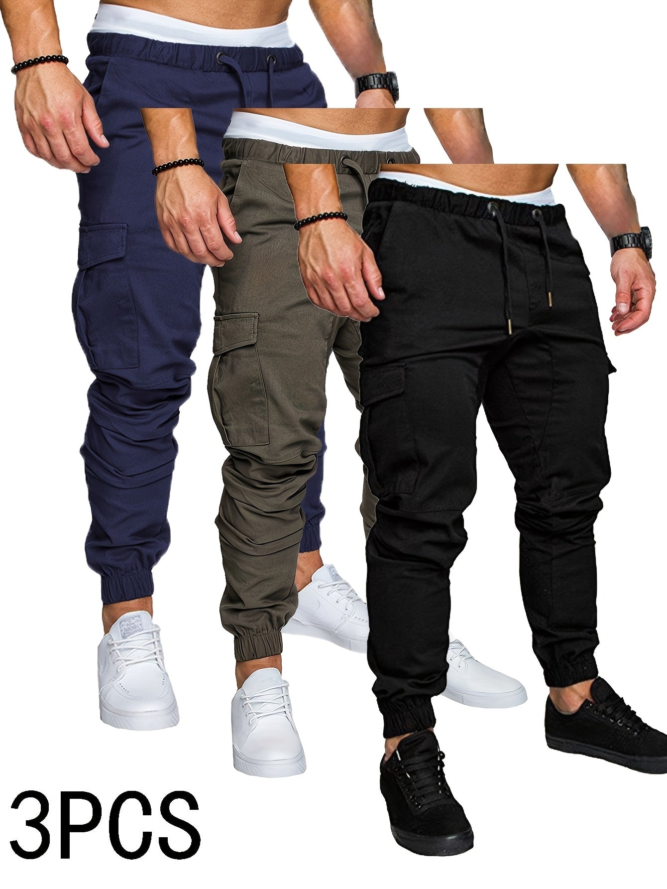 3-Pack Men'S Casual Cotton Cargo Pants, Solid Color, Non-Stretch, Regular Length, Drawstring Waist, Four Seasons, Standard Fit, Woven Fabric