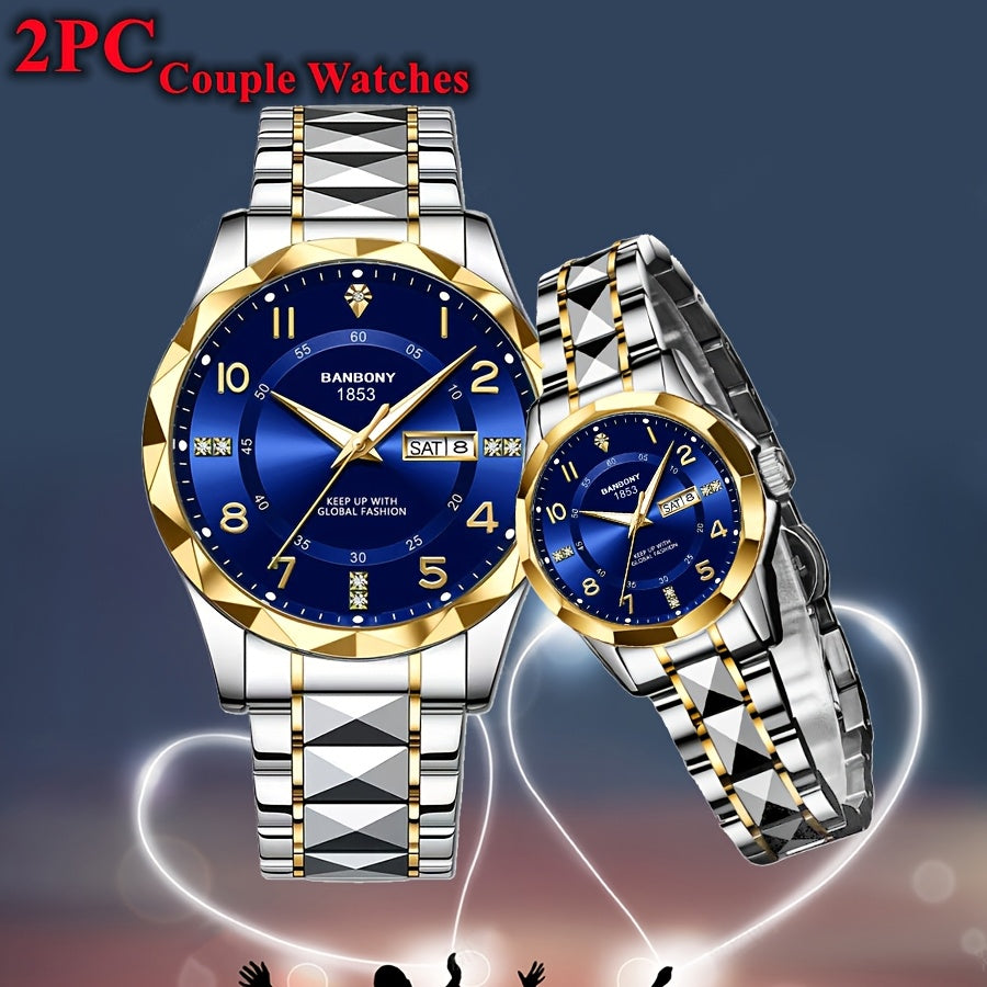 2pcs BNDBONY Brand Men And Women Couples Quartz Watch Stainless Steel Strap Scratch-Resistant Wear Luminous Pointer Digital Simple Hd Disc IPX7 Waterproof Fashion Multifunctional Couples Watch Holiday Couples Lover Birthday G